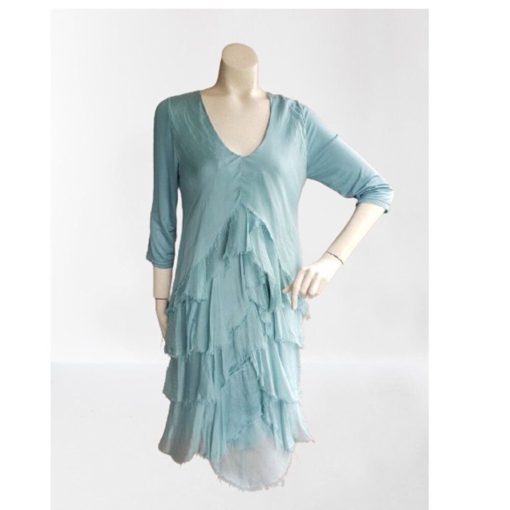 BNWT Silk Waterfall Layered 3/4 arm Midi Dress Made in Italy Light Teal